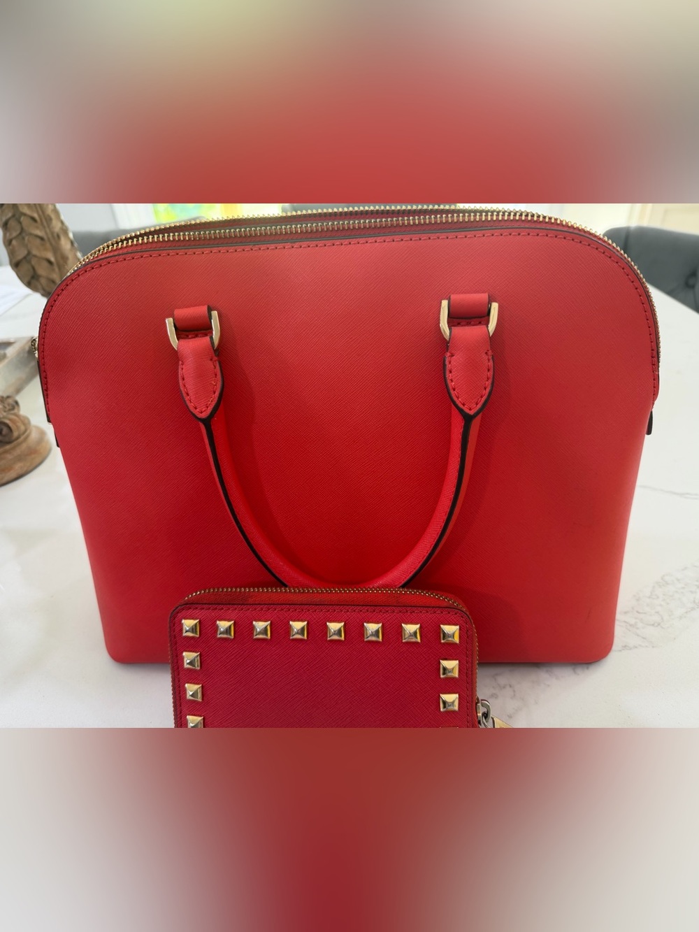 Michael Kors Red Saffiano Leather Dome Tote with Studded Wallet